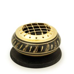 Burner - Black Brass Burner, Low Base, Feather Engraving, Net Top 1.25"Hx2.25"D