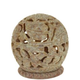 Burner for Cones and Candle Holder - Soapstone Carved Tea-Light Ball - Large leaves 3 inches