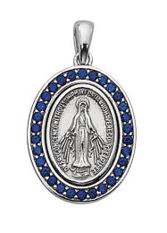 Sterling Miraculous Medal with Dark Blue Stones